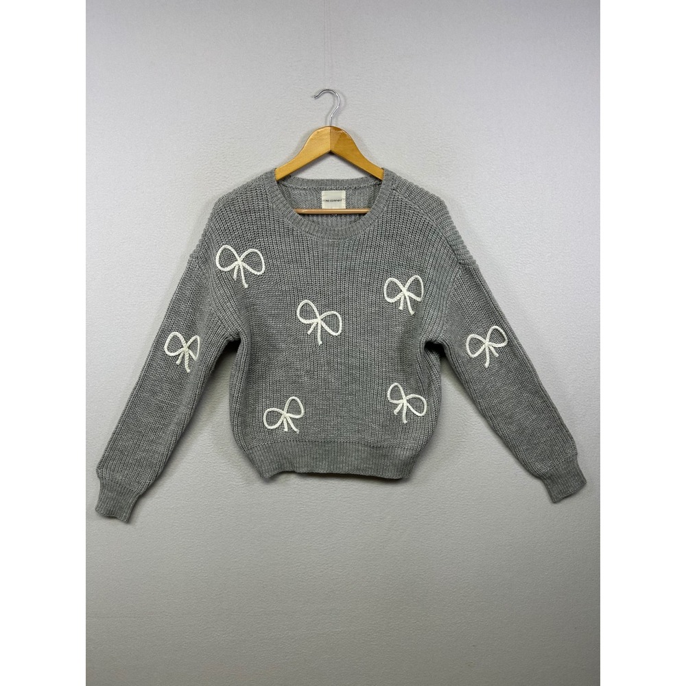 No Comment Coquette Balletcore Women Large Grey Bow Applique Ribbed Knit Sweater